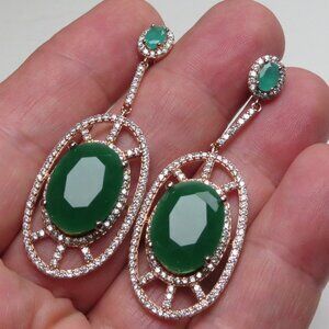 14k Pink Gold Sterling Silver Diamond & Emerald  Earring
